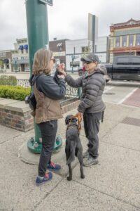 Two women use ASL at a street corner. The client has a black Labrador in harness at her left side and signs with her right hand. 