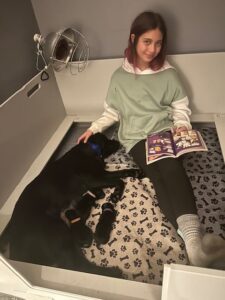 Person sitting on the floor inside a whelping area holding a 'Gravity Falls' book, petting a black dog lying next to them.