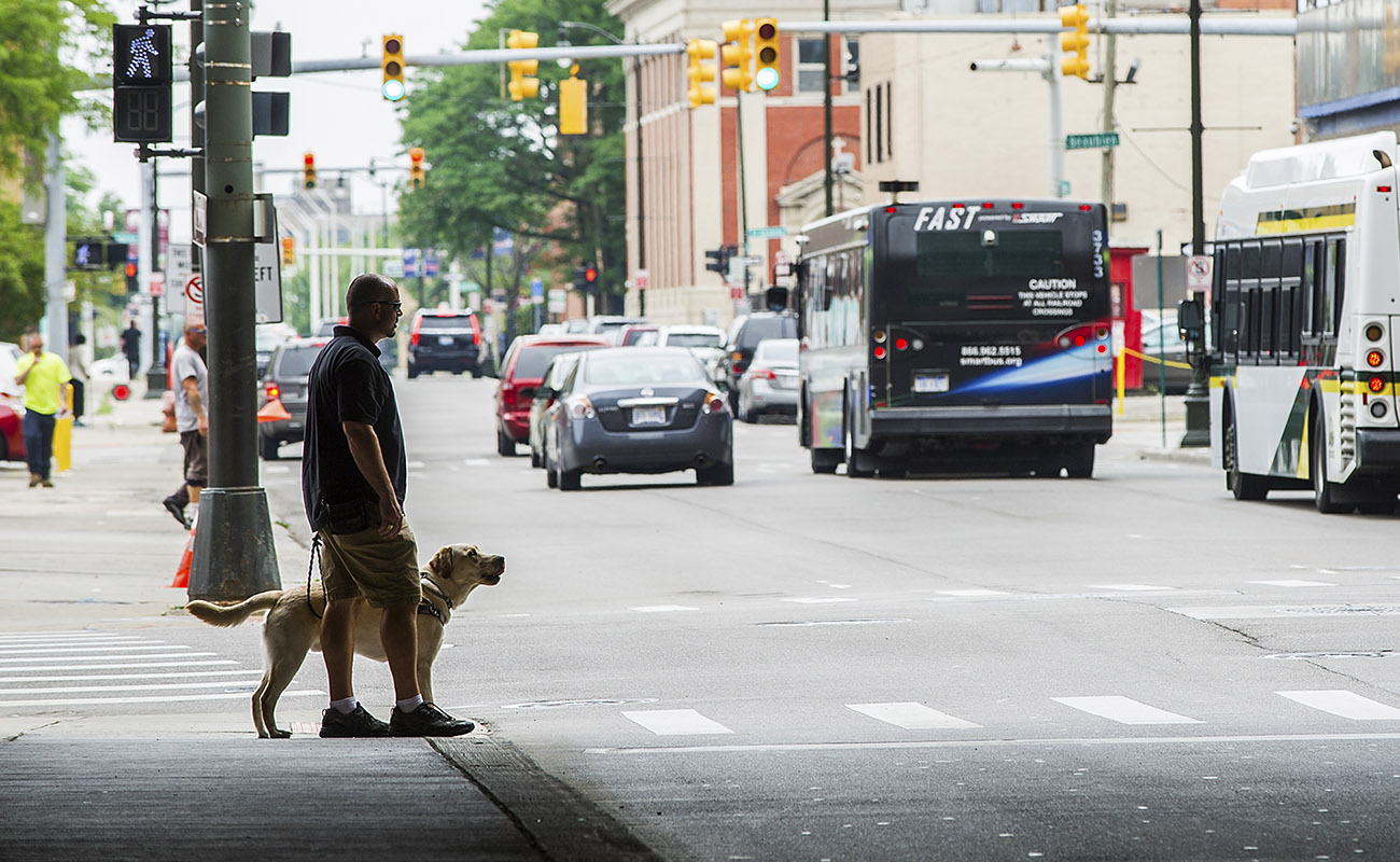 A person stands at a crosswalk with a dog, observing traffic in a busy urban street.