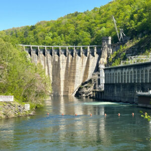 Dam surrounded by green trees and a lake below it on a sunny day.