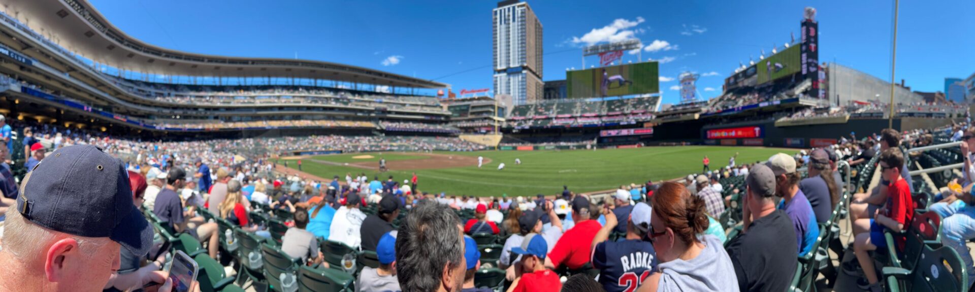 A panorama photo of a baseball game at Target Field