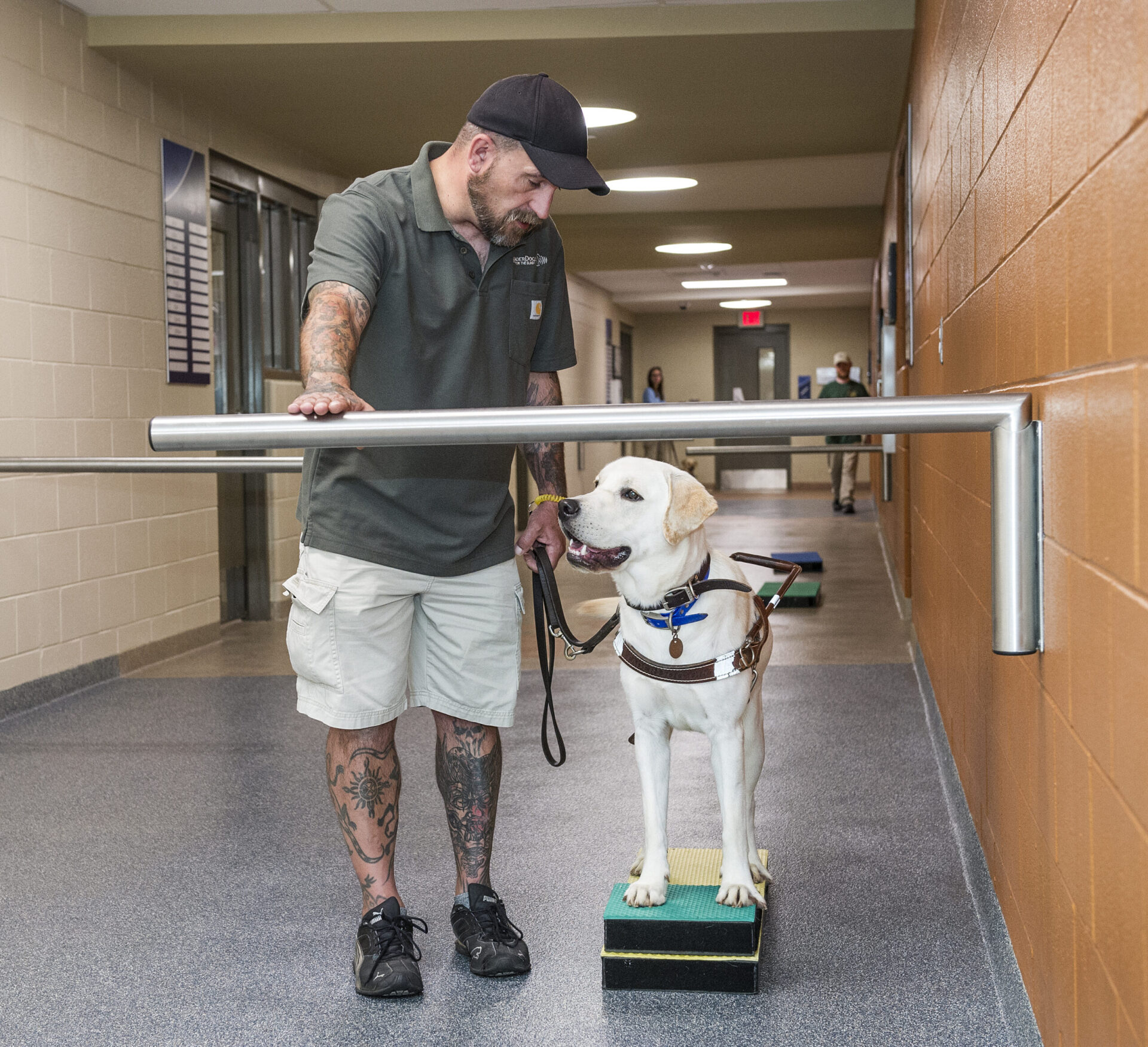 A person stands beside a guide dog on a balance platform, with a hand resting on a nearby railing in a brightly lit indoor space.