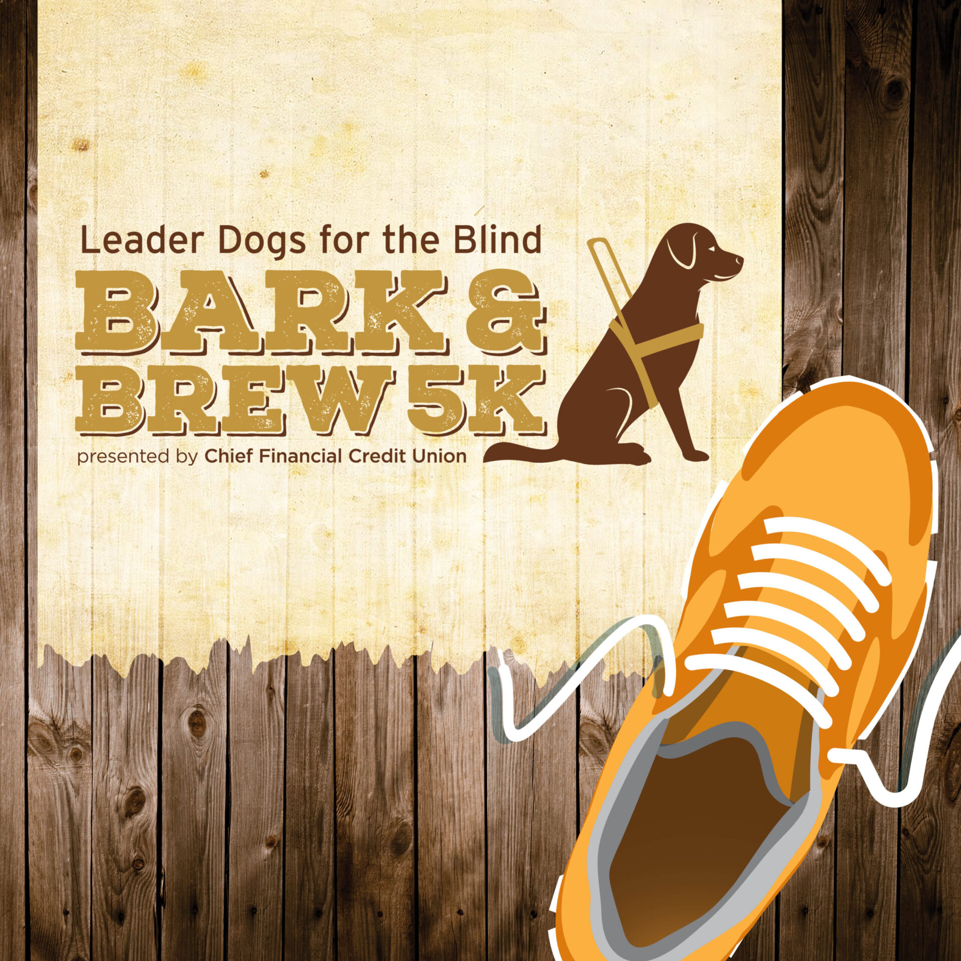 A promotional graphic for the Bark & Brew 5K event, featuring a stylized dog and running shoe against a wood-textured background.