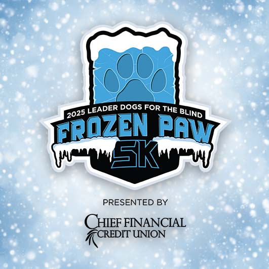 A logo for the Frozen Paw 5K event, featuring a blue paw print surrounded by icicles, with a snowy background and text indicating its organization and sponsorship.