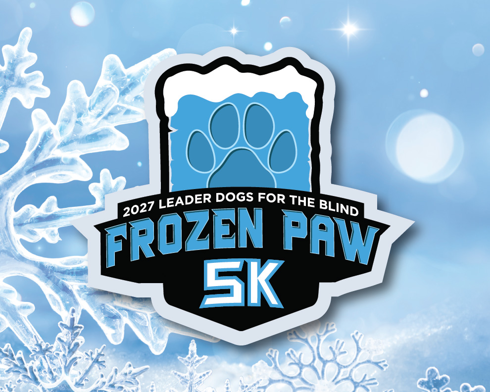 A logo for the Frozen Paw 5K event, featuring a blue paw print surrounded by icicles, with a snowy background and text indicating its organization and sponsorship.