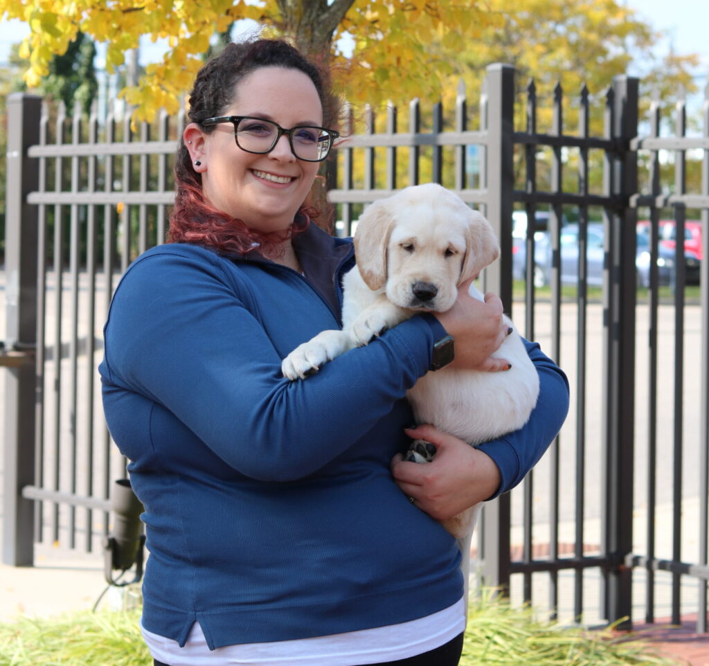 A person proudly holds a playful yellow Labrador puppy while standing in front of a fenced area adorned with golden autumn leaves.