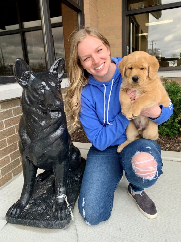 A person in a blue hoodie smiles while holding a golden retriever puppy next to a statue of a German shepherd.
