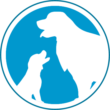 A silhouette of a larger dog and a smaller dog is presented within a blue circular background.