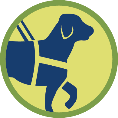 Circular guide dog icon in dark blue and light green