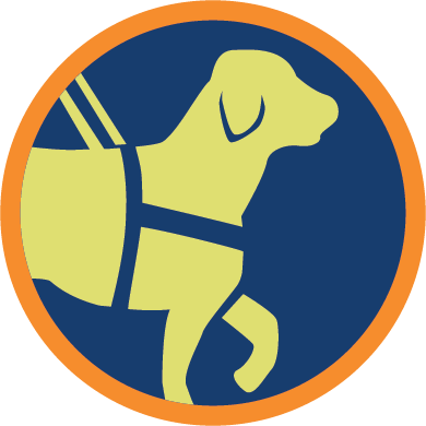 A silhouette of a dog wearing a harness is featured against a dark blue background with an orange circular border.