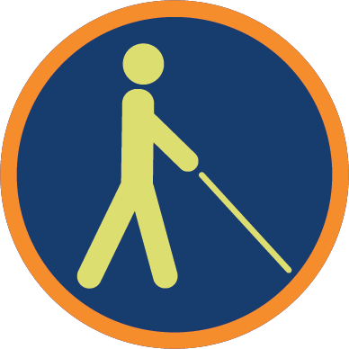Circular icon for orientation and mobility in dark blue, light green and orange.