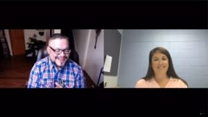 Two individuals are engaged in a video call, smiling and dressed casually, with different backgrounds behind them.