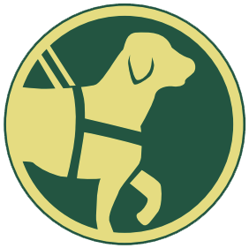 A stylized illustration of a guide dog enclosed in a circular design, accompanied by the text "Guide Dog" below.