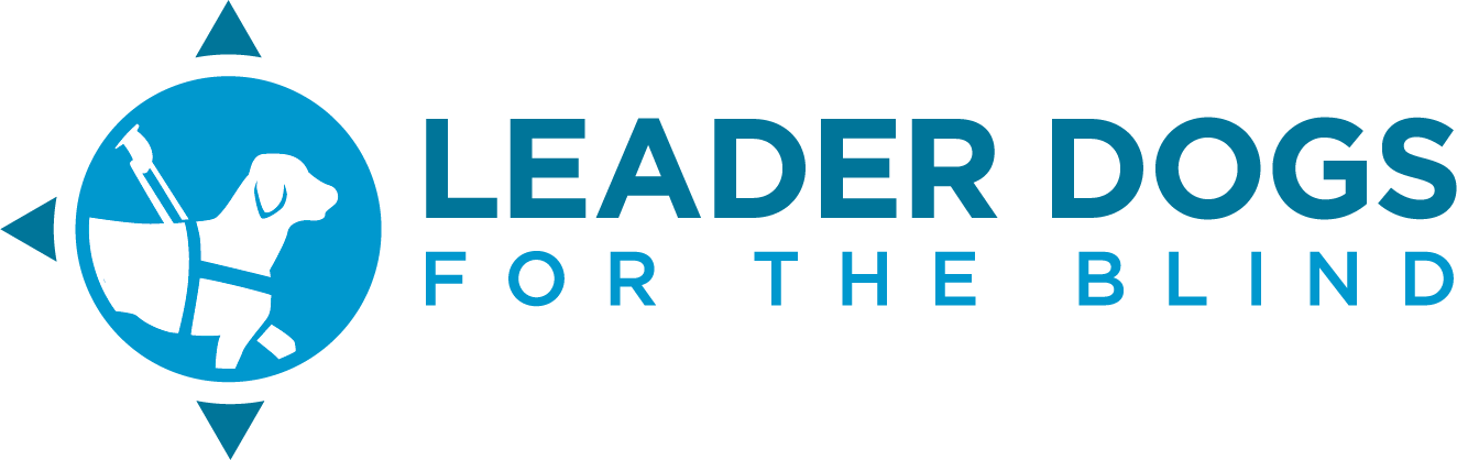 A logo featuring a blue silhouette of a dog with a guiding harness, accompanied by the text "Leader Dogs for the Blind."