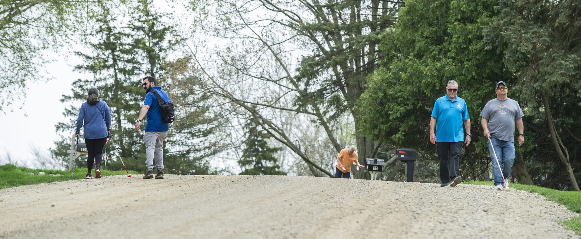 A gravel road winds through a green landscape as people stroll leisurely, some accompanied by a dog.