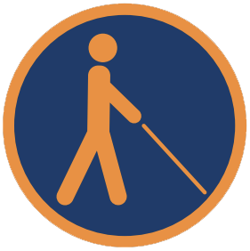 A simplified orange figure walking with a cane is set against a navy blue background, accompanied by the text "Orientation & Mobility."