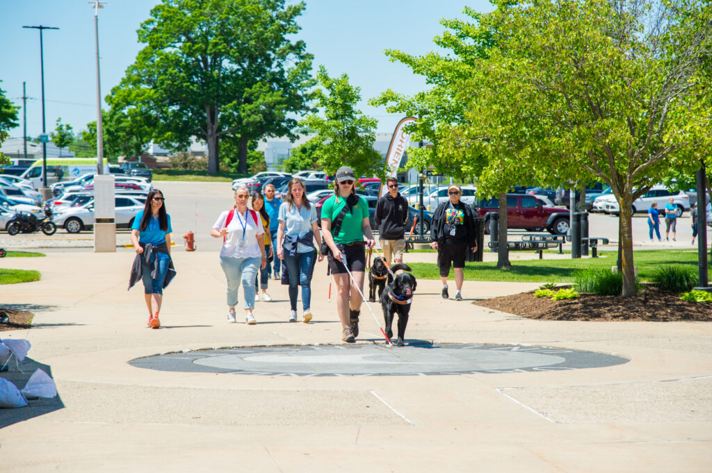A group of people walks through a sunny outdoor area, accompanied by a dog, with greenery and parked cars in the background.