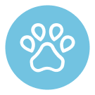 A light blue circular emblem featuring a white paw print in the center.