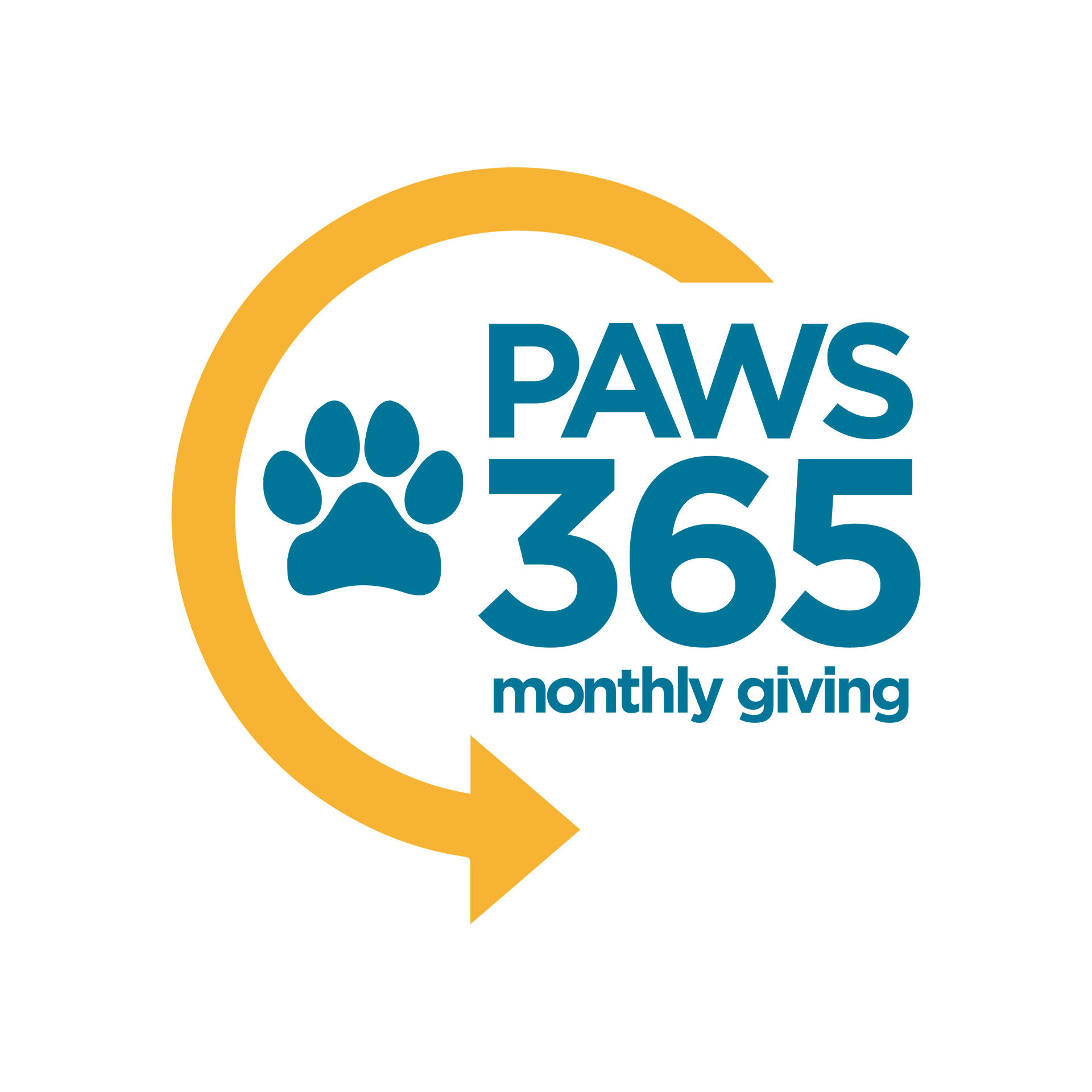 A logo featuring the text "PAWS 365" with an illustrated paw print and a circular arrow, emphasizing monthly giving for animal support.