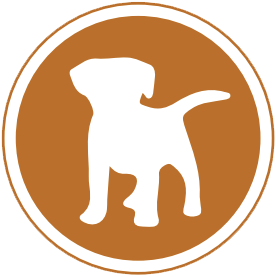 A simple logo features a stylized dog silhouette on a circular brown background, accompanied by the text "Puppy Raisers" below.