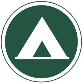 A simple logo featuring a stylized triangular tent within a circular green outline, accompanied by the text "Teen Summer Camp" below.