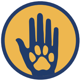 A circular logo features a stylized handprint combined with a paw print, set against a warm yellow background, accompanied by the text "Volunteers and Team Members" below.