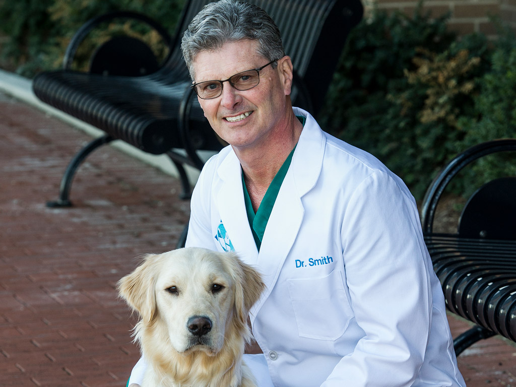A veterinarian in a white coat smiles beside a golden retriever.