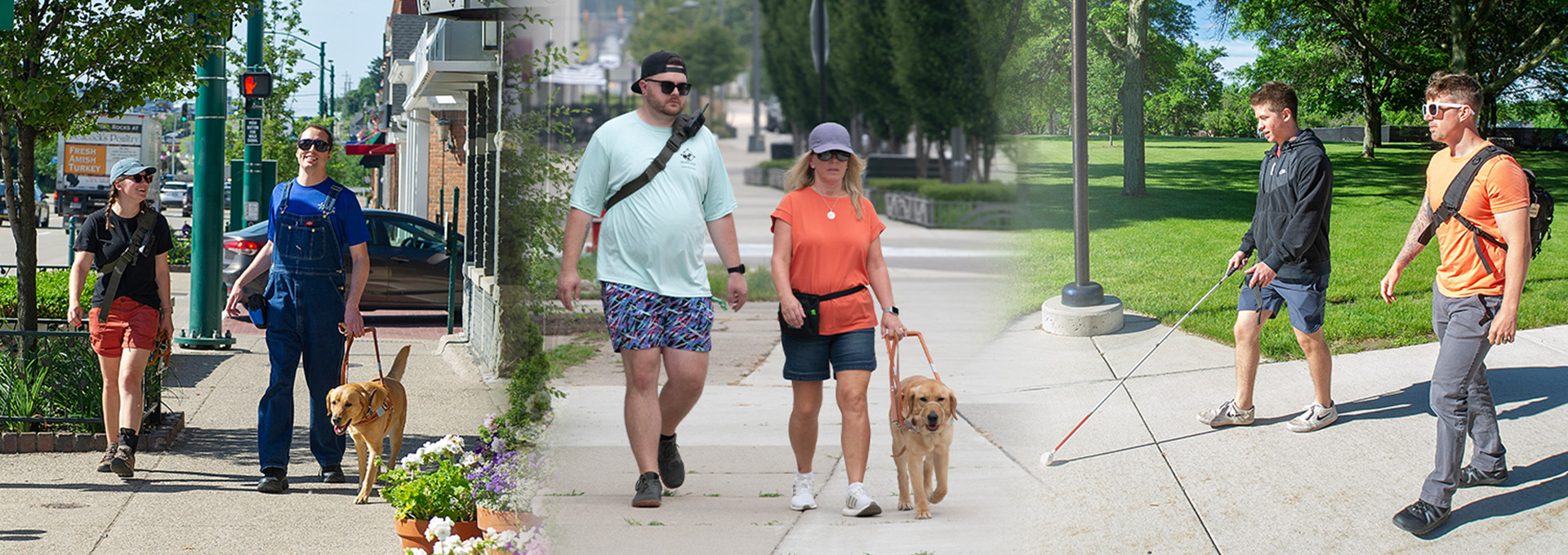 A collage made up of three images. The left photo shows a man walking with a guide dog followed by a woman. The middle photo shows a woman walking with a guide dog, next to her a tall man walks with her. The right photo shows two men walking along a sidewalk, one of them is using a white cane.