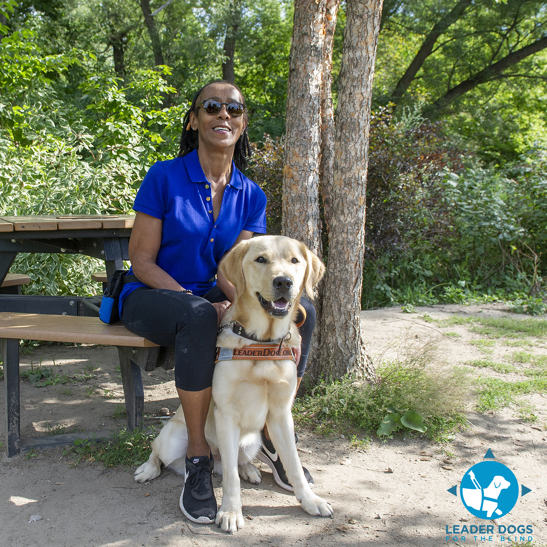 A woman in a blue polo shirt smiles while sitting next to a Labrador retriever wearing a harness.