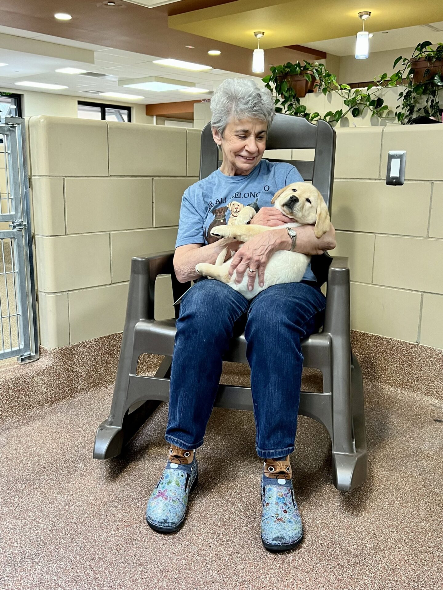 A smiling individual sits in a chair, cradling two adorable puppies in their arms, surrounded by a warm and inviting indoor environment.