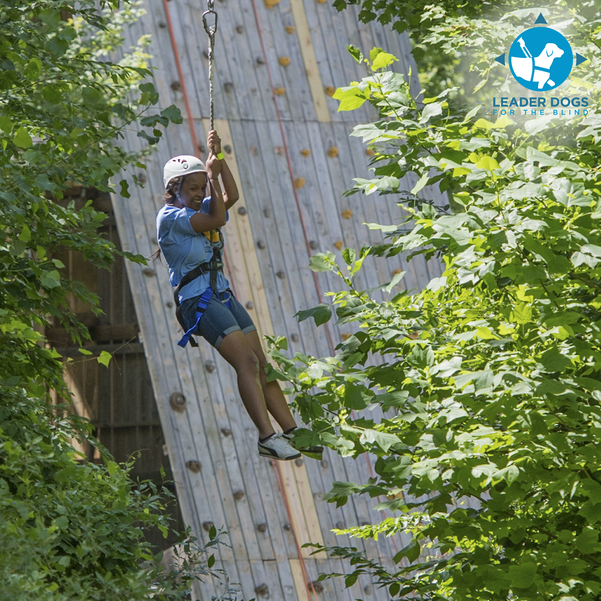 A person is zip-lining through a lush green forest, approaching a wooden climbing wall in the background.