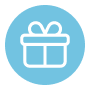 A light blue circle features a simple icon of a gift box with a bow on top.