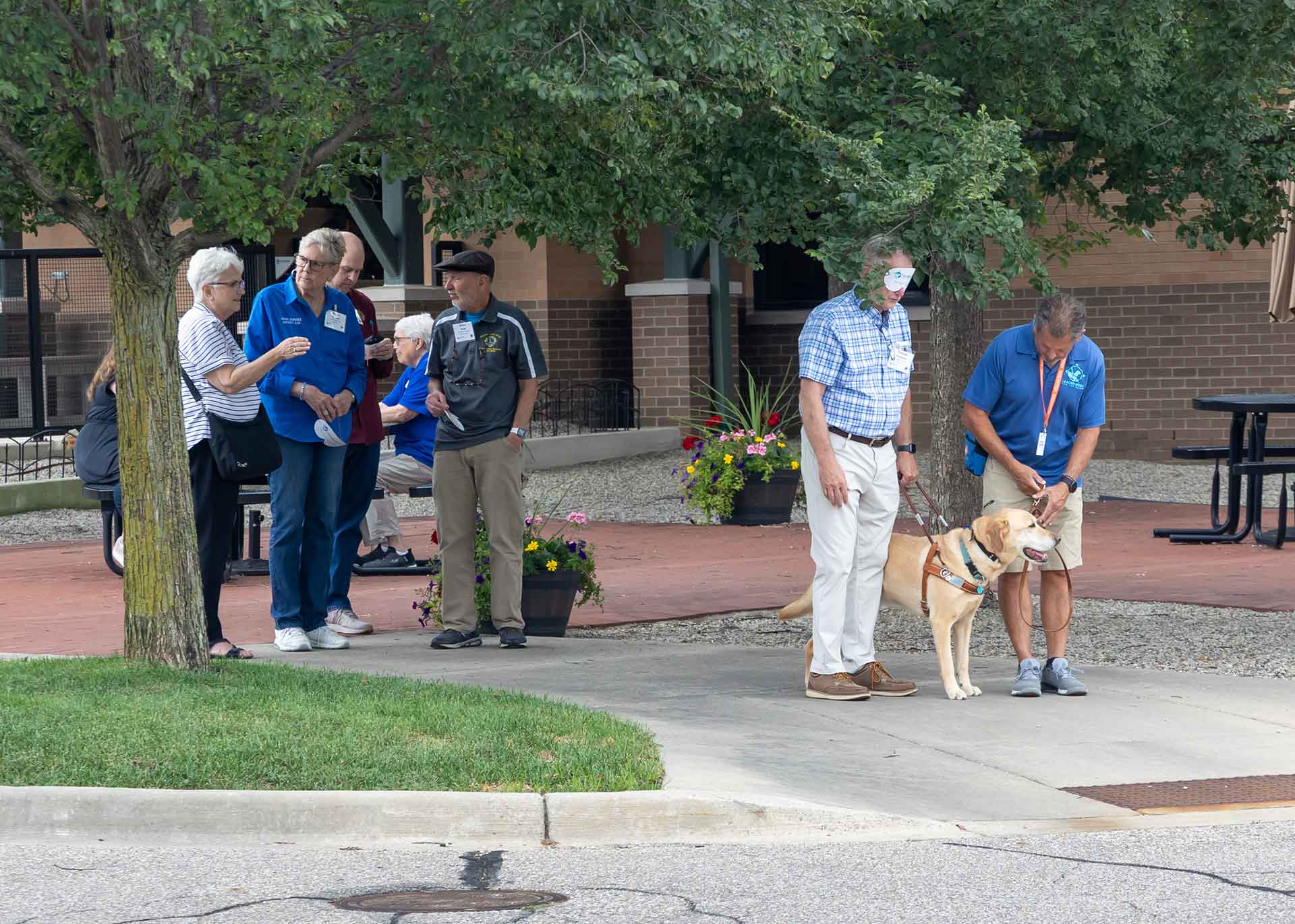 A group of people gathered outdoors near a building, with a few interacting and others standing by, while one individual is attending to a dog.