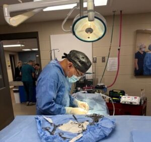 A man in surgical gear including, scrubs, cap, glasses, and a mask works on an operating table surrounded by veterinary surgical equipment.