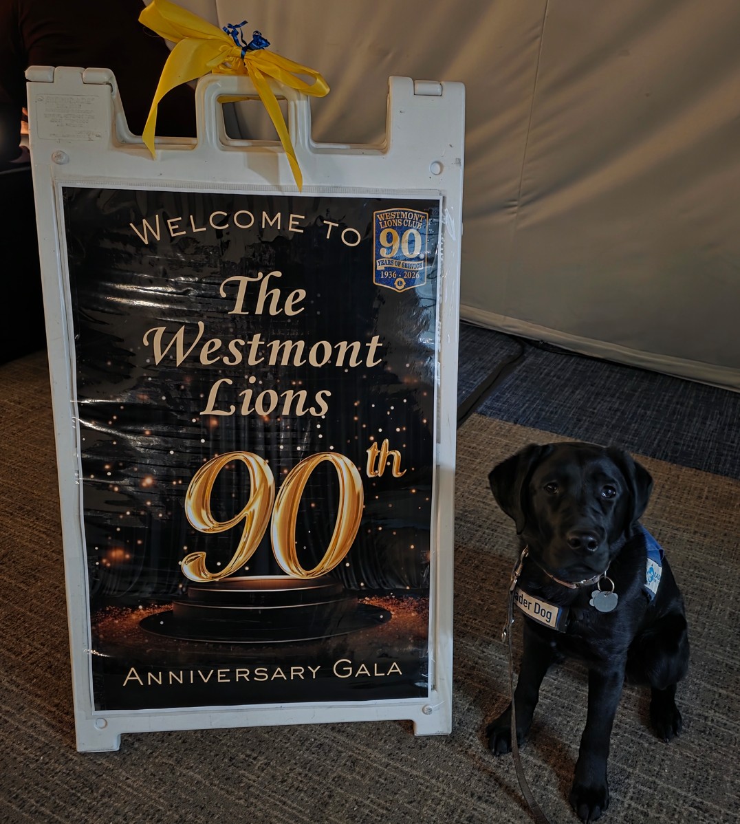 A sign reading ‘Welcome to the Westmont Lions 90th Anniversary Gala’ stands indoors next to a seated black Lab wearing a Future Leader Dog vest.