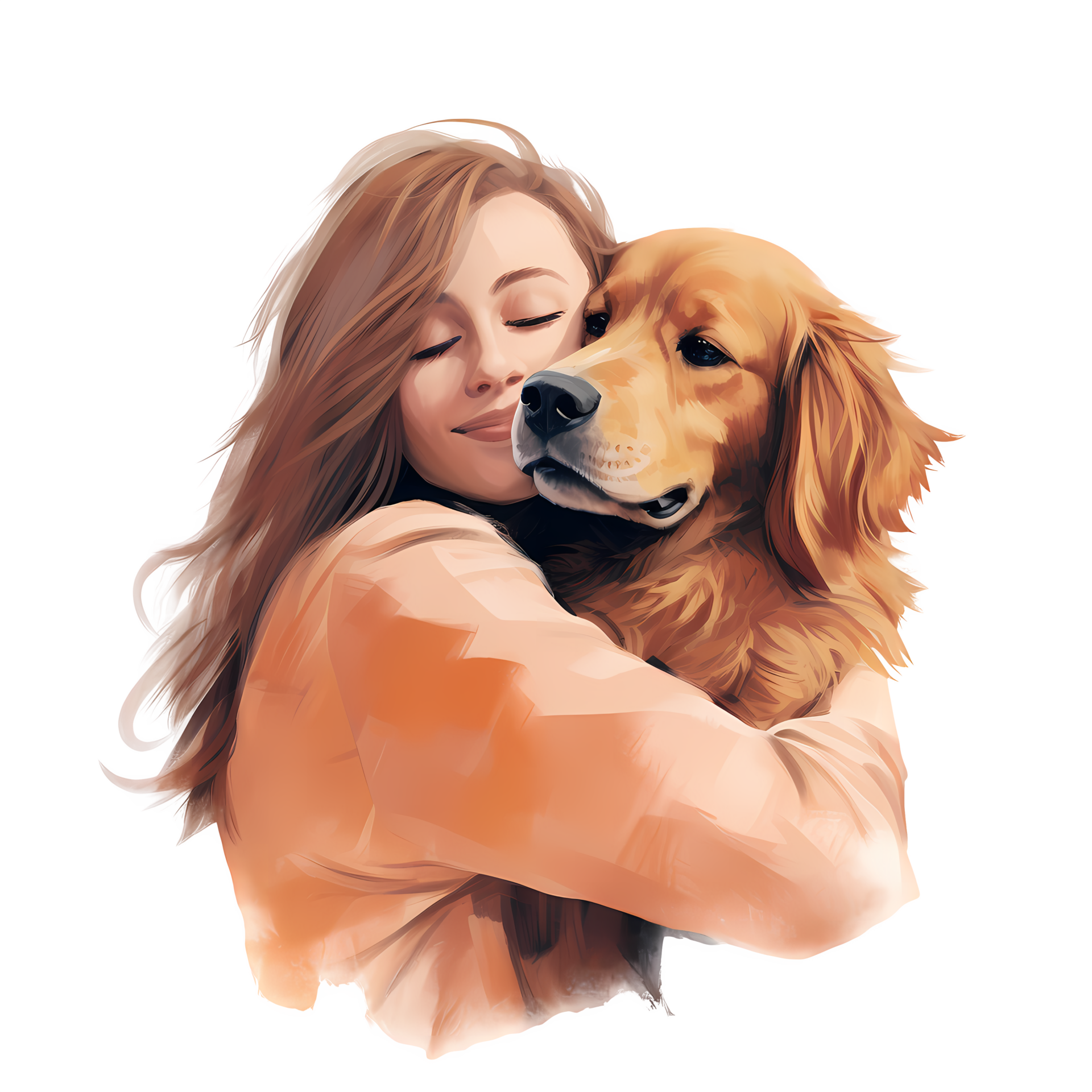 A graphic depiction of a woman hugging a golden retriever