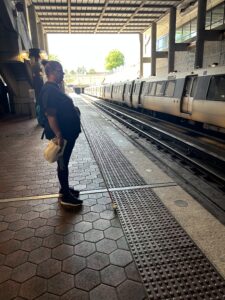 A person stands waiting for a train to arrive. There is a train waiting on the opposite side of the tracks. The floor at the edge of the platform is textured to indicate the drop off to the train tracks.