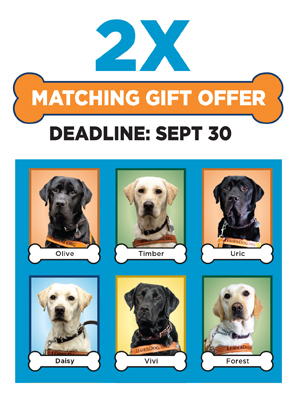 Promotional graphic advertising a 2X matching gift offer with a September 30 deadline. Six Leader Dogs are shown in trading card-style portraits with nameplates: Olive, Timber, Uric, Daisy, Vivi, and Forest.