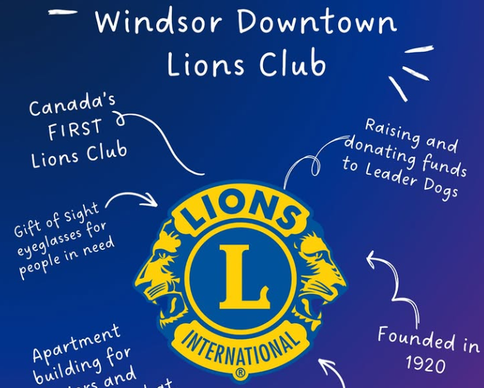 Windsor Downtown Lions Club graphic highlighting the club’s history and community work, including eyeglasses for people in need, support for Leader Dogs, and housing for seniors and people with visual impairments.