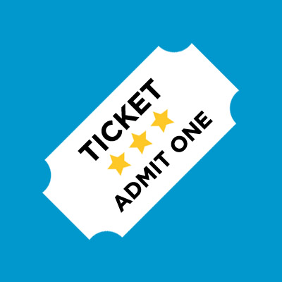 Graphic of a paper ticket stub. It reads: TICKET ADMIT ONE