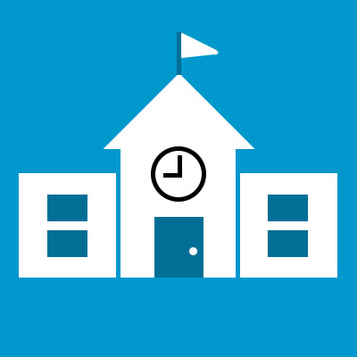 Graphic of a school building with a clock on the front and a flag flying above
